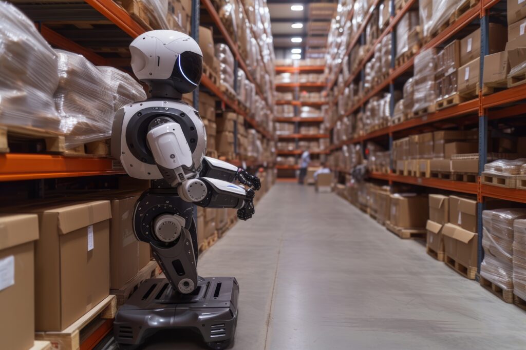 Automated robots sorting packages in an e-commerce warehouse.
