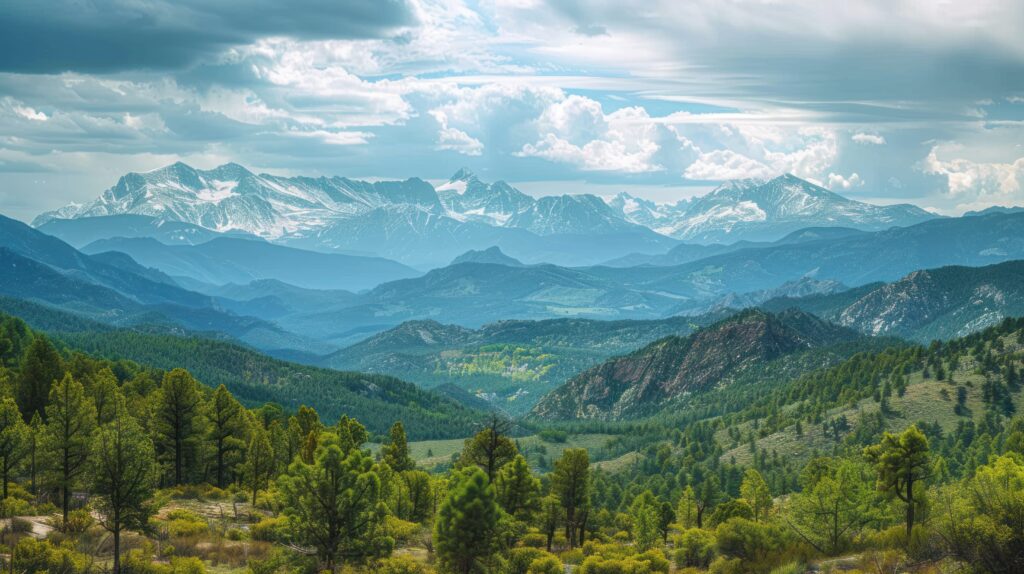 Denver Colorado skyline with Rocky Mountains in the background