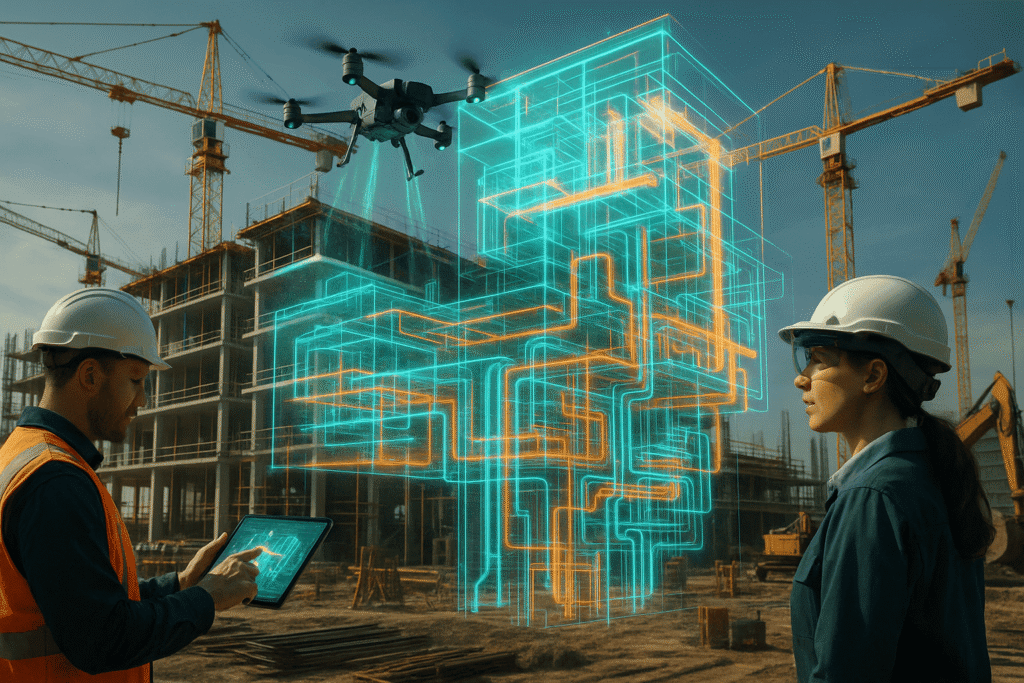 Construction project manager overseeing building development with drone technology