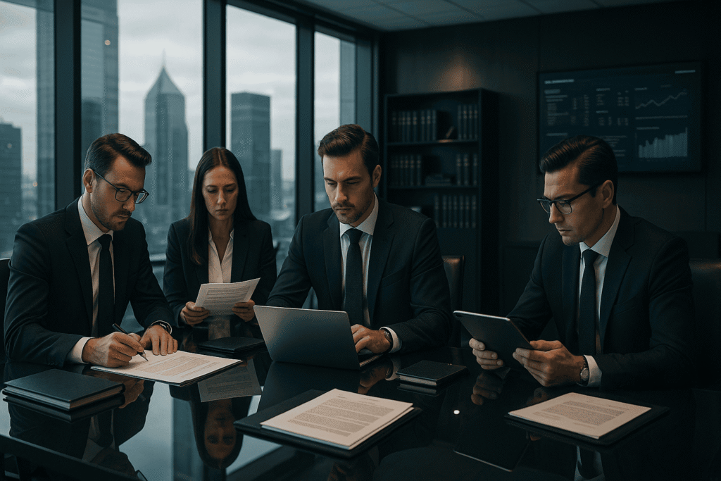 Corporate attorneys negotiating business deals in law firm