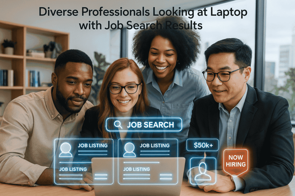 Diverse job seekers searching for local employment opportunities in USA cities