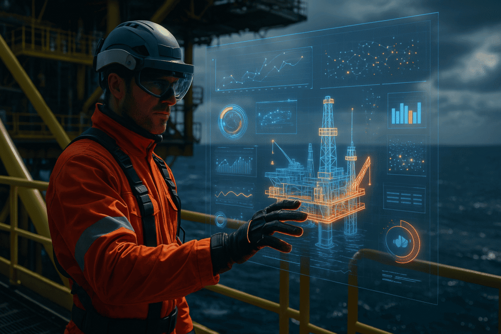 Petroleum engineer monitoring drilling operations with augmented reality