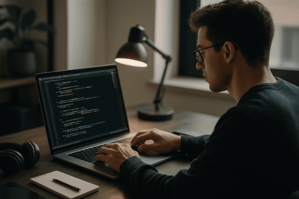 Software engineer writing code for remote tech job
