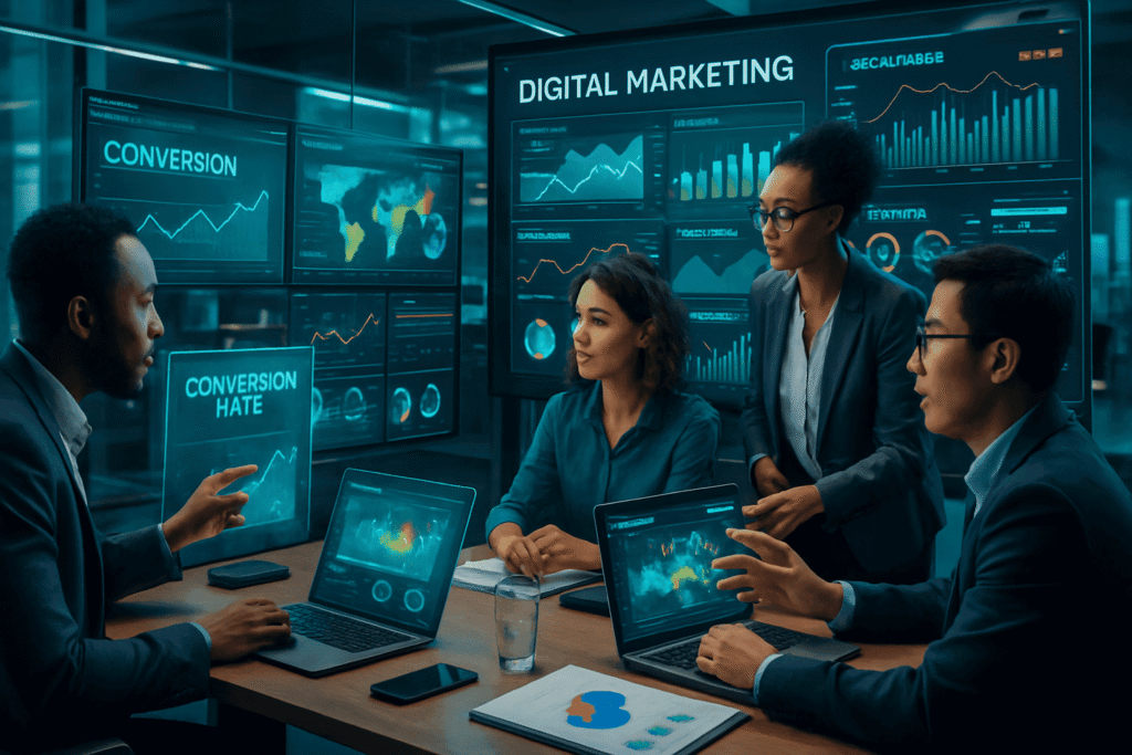 Digital marketing team optimizing online advertising campaigns