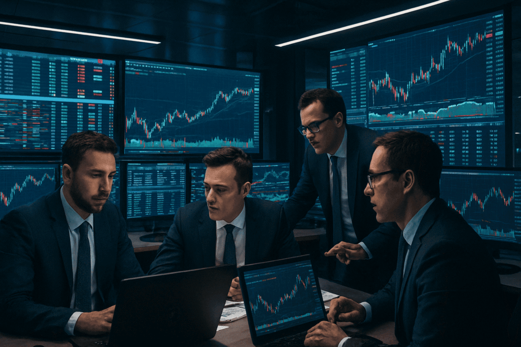 Investment bankers analyzing financial market trends in New York