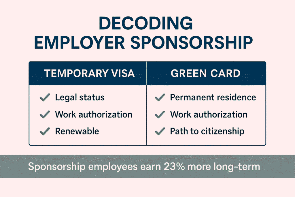 Comparison chart of temporary work visas versus permanent green card sponsorship benefits for US employment