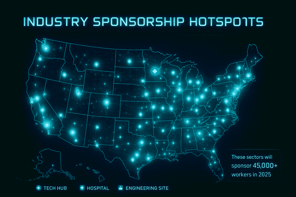 US map highlighting 2025 green card sponsorship hotspots in technology, healthcare and engineering industries