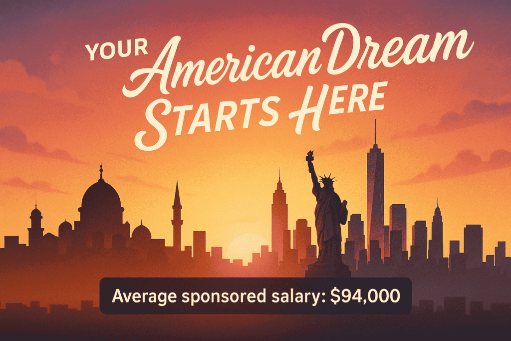 Inspirational before-after transformation from home country to achieving American dream through employment sponsorship