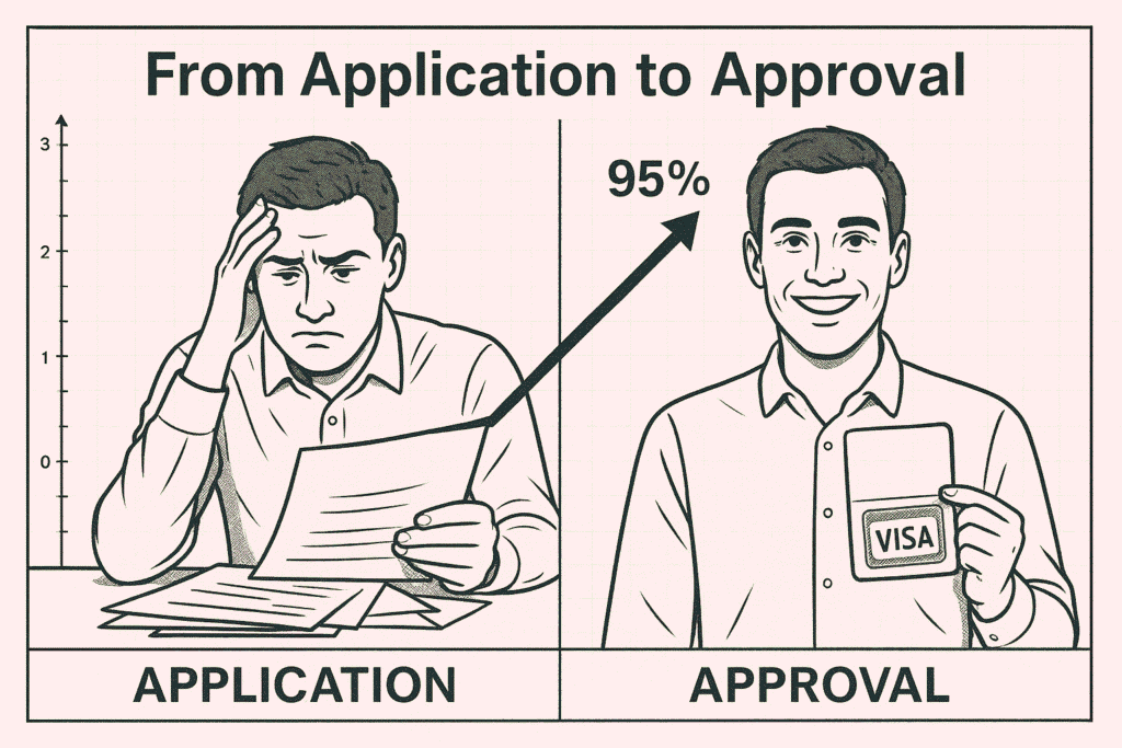 Before/after comparison of US work visa journey from stressful application to successful passport stamp approval