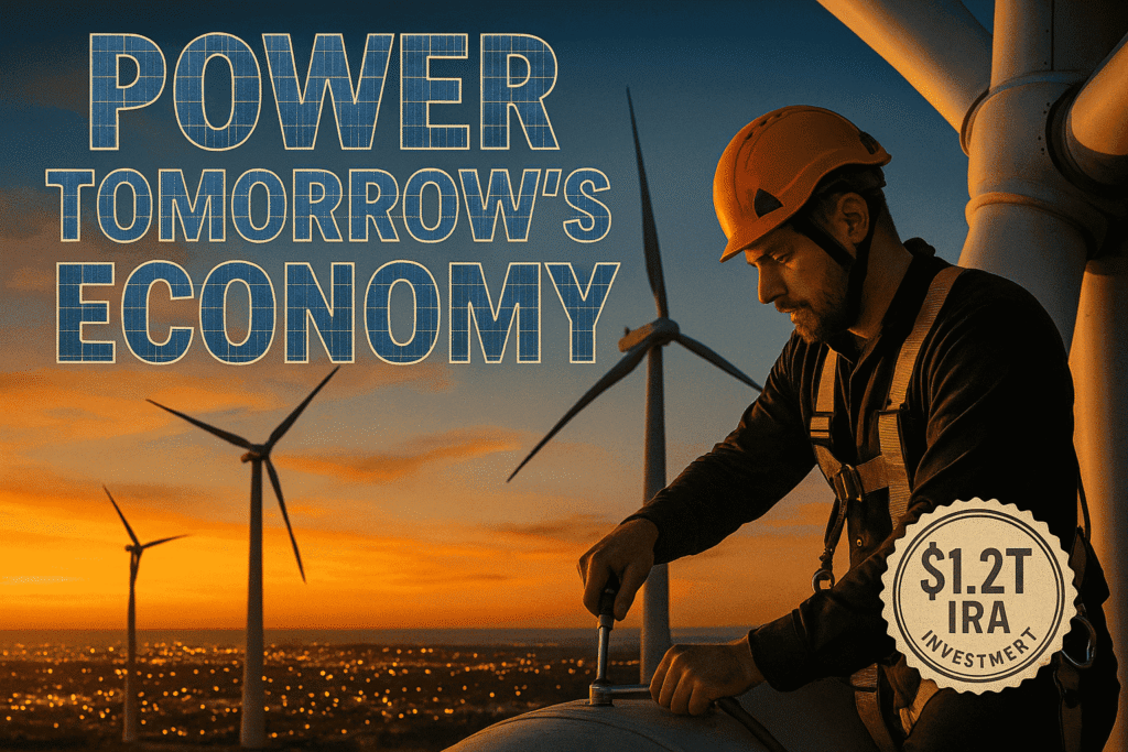 Renewable energy worker maintaining wind turbine with clean energy landscape