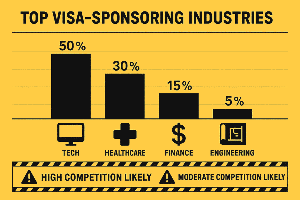 Bar graph showing highest demand industries for US work visas: technology, healthcare, finance and engineering sectors