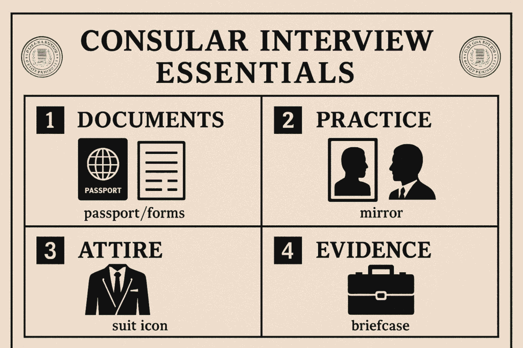 Essential checklist for US visa interview: documents, practice questions, professional attire for consular approval