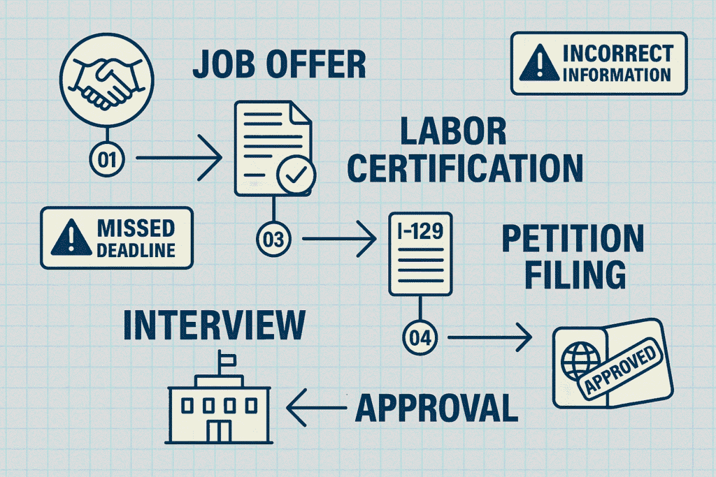 Step-by-step flowchart of US work visa application: from job offer to interview and approval with current processing times