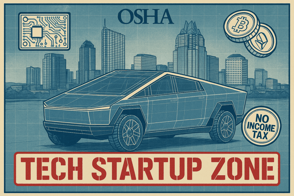 Technical poster of Austin startup ecosystem with Tesla references