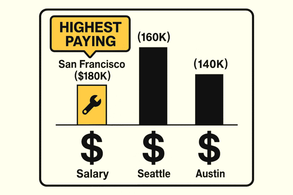 OSHA-style tech salary comparison infographic for US cities