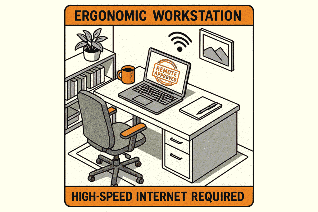 Technical illustration of remote tech work setup with safety labels