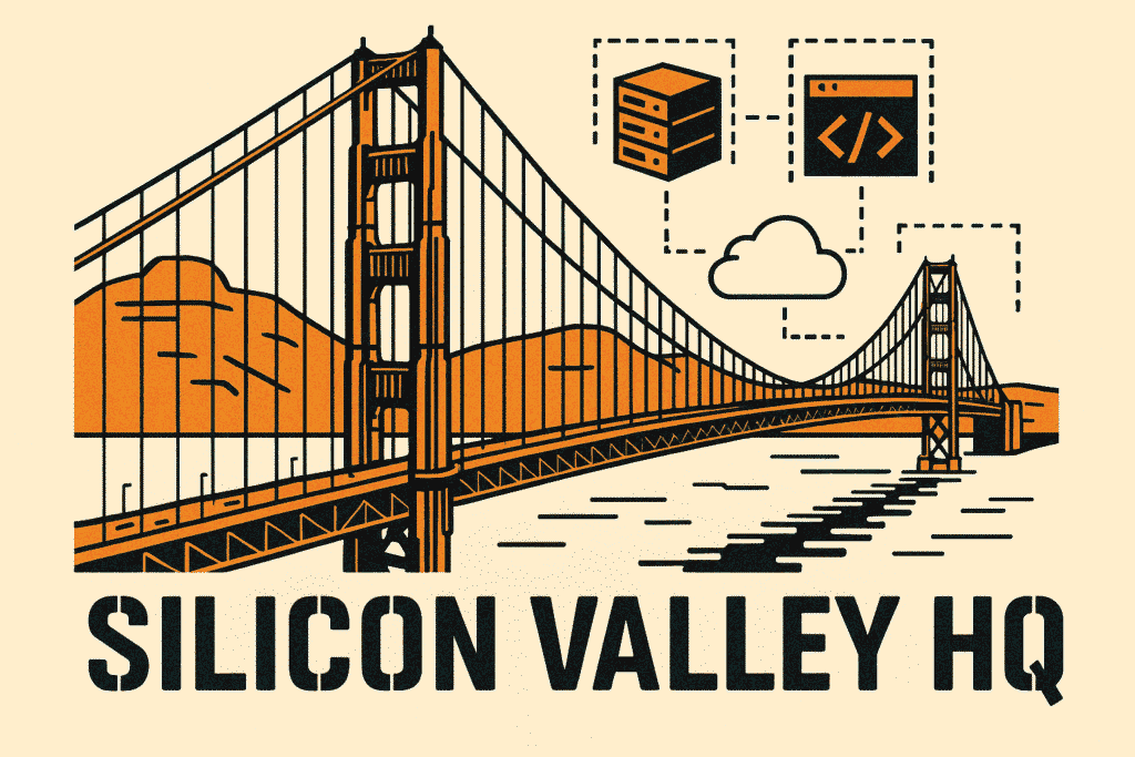 Technical schematic of San Francisco tech hub with gear icons