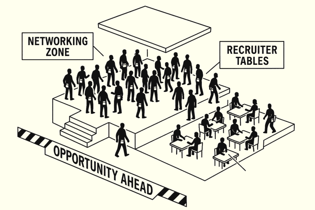 Exploded diagram of tech networking event with safety-themed elements